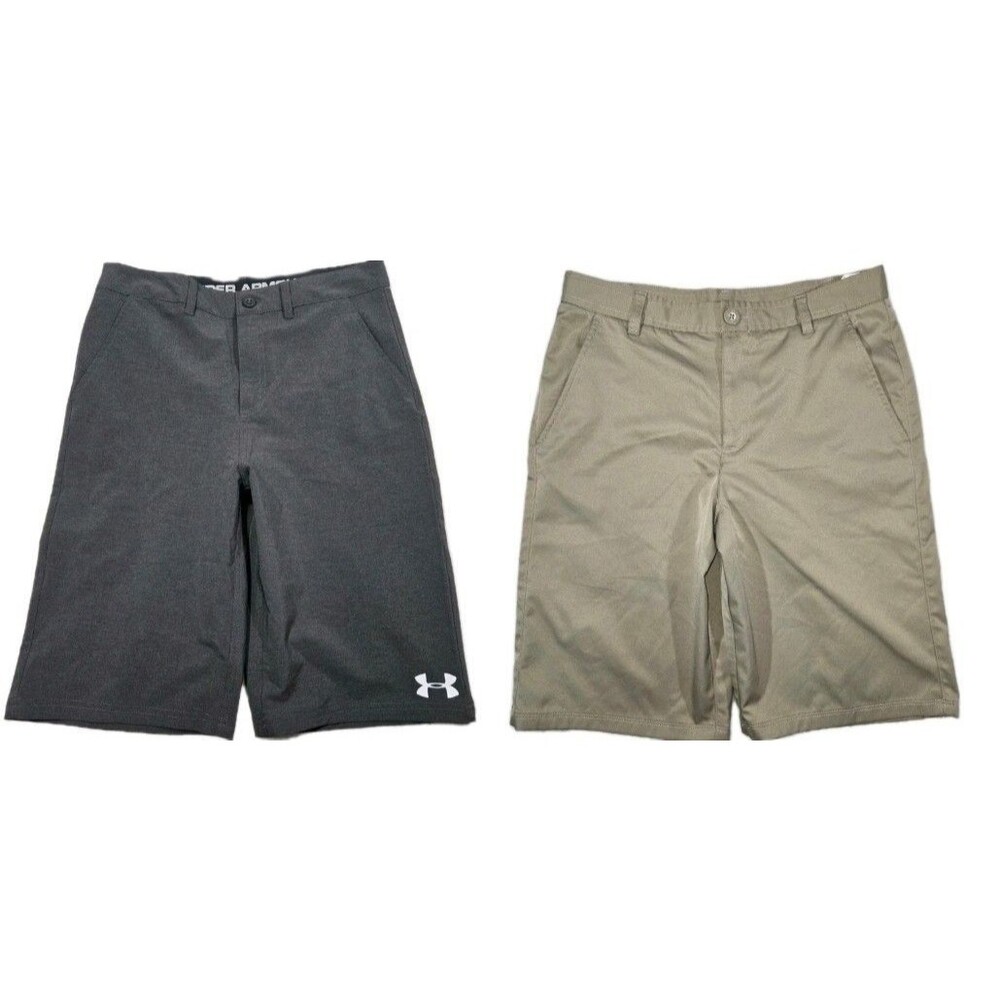Lot Of 2 Boys Under Armour Shorts Asphalt Heather And Beige Size 18 30x11
